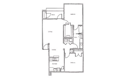 Villas B2 - 2 bedroom floorplan layout with 1 bath and 950 square feet