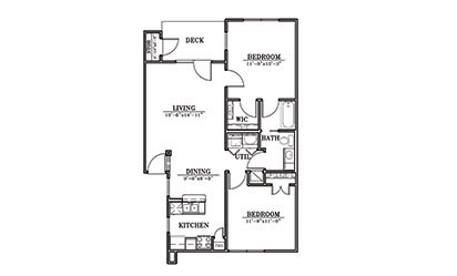 Dunes - 2 bedroom floorplan layout with 1 bath and 892 square feet